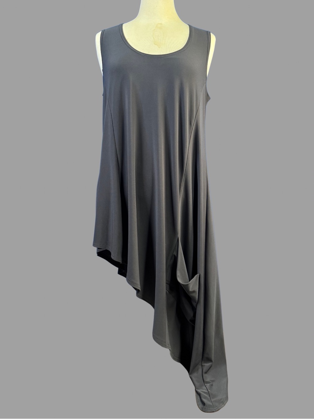 Sympli Women’s Gray Asymmetrical Sleeveless Tunic Dress with Pocket Size 10